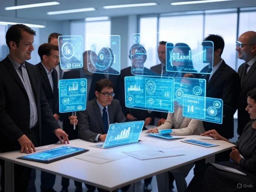 A diverse group of professionals discusses data and analytics using futuristic holographic digital displays in a modern office.