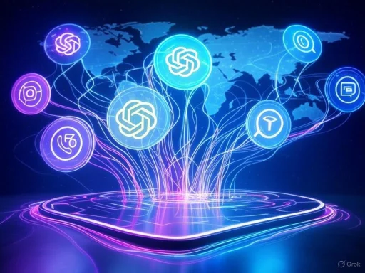 A digital illustration of interconnected app icons floating above a smartphone, with a world map in the background.