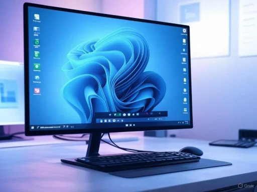 A modern desktop setup with a large monitor displaying a blue abstract wallpaper, a keyboard, and a mouse on a white desk.
