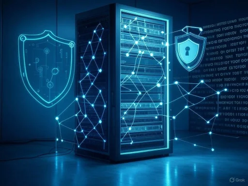 A digital security server surrounded by glowing shield icons and interconnected data lines.