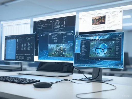 Multiple computer screens display image editing and data analysis on a modern desktop workstation.