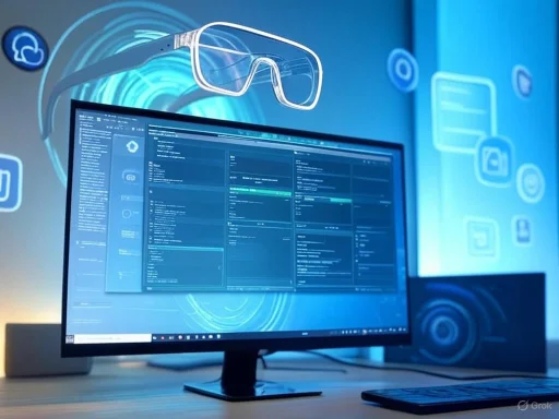 A computer monitor displays code, with virtual reality glasses and digital icons floating in a high-tech workspace. A computer monitor displays code, with virtual reality glasses and digital icons floating in a high-tech workspace.
