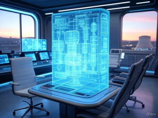 A futuristic conference room features a holographic blueprint of a high-tech device on a table.