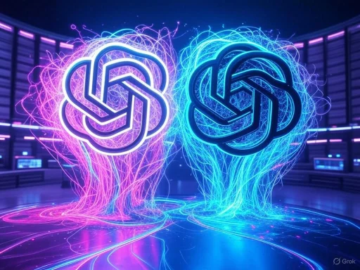 Futuristic digital art depicting two interconnected neural network symbols with vibrant pink and blue energy streams. Futuristic digital art depicting two interconnected neural network symbols with vibrant pink and blue energy streams.