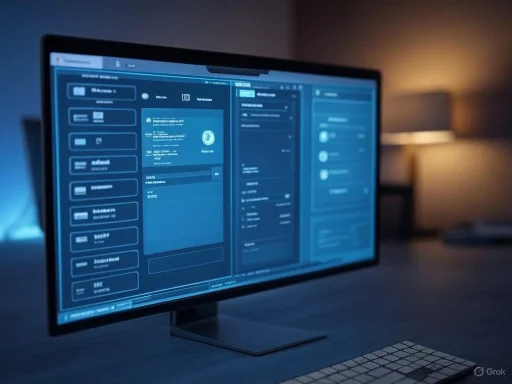 A computer monitor displays a digital interface with security or network management information in a dimly lit room.