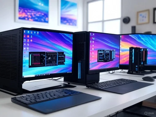 A multi-screen computer setup with adjustable monitors, keyboards, and abstract background images on the screens.