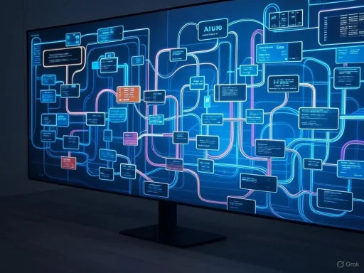 A digital flowchart or system diagram displayed on a large screen with interconnected boxes and lines, likely representing data processes.