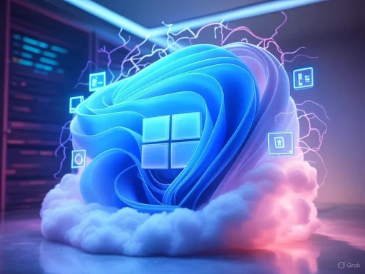 A digital illustration of a cloud with the Windows logo, surrounded by tech icons and lightning, symbolizing cloud computing.