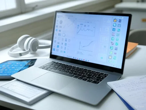A laptop displaying charts and graphs, with headphones, a tablet, and notebooks on a white desk near a window.