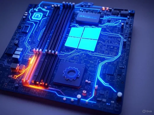 A futuristic computer motherboard highlighted with neon blue and orange circuit lines, featuring a glowing Windows logo.