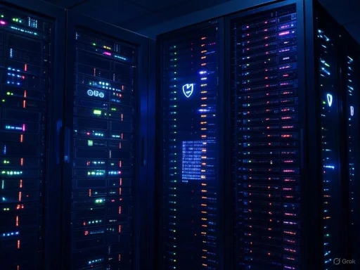 Data servers in a high-tech server room illuminated with colorful LED lights.