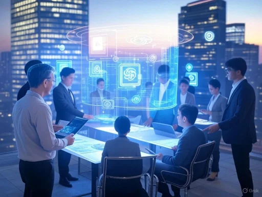 Business people in a conference room interact with holographic digital interfaces amid a cityscape backdrop.