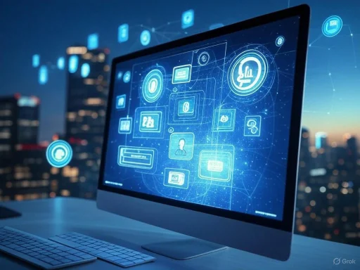 A digital interface on a computer screen displays interconnected icons representing data, security, and user profiles at night cityscape background.