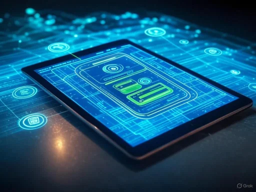 A digital holographic display of a smartphone interface on a tablet, surrounded by futuristic icons and data graphics. A digital holographic display of a smartphone interface on a tablet, surrounded by futuristic icons and data graphics.