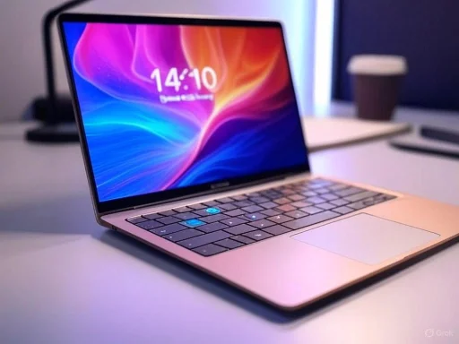 A pink laptop with a colorful display, placed on a white desk with a coffee cup and notebook in the background. A pink laptop with a colorful display, placed on a white desk with a coffee cup and notebook in the background.