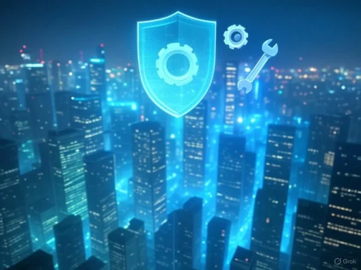 Digital security and maintenance concepts over a city skyline at night.