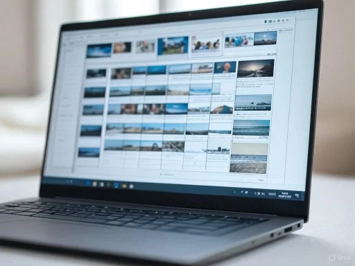 A laptop screen showing a photo management or editing software with multiple images and thumbnails open.