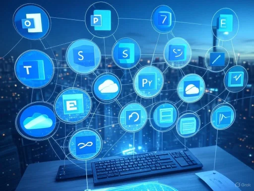 A digital network of various cloud and software icons floating above a keyboard, representing interconnected technology solutions.