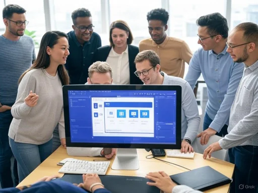 A diverse group of colleagues collaborates around a computer screen during a team meeting or presentation.
