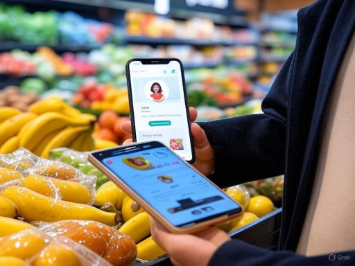 Person scanning a digital grocery app on their phone at a fruit stand.