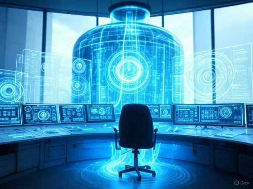 A futuristic control room with holographic interfaces and a large digital brain projection.