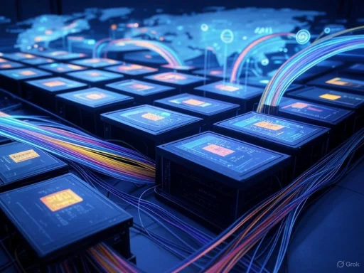 Multiple digital devices interconnected with colorful data streams in a high-tech environment.