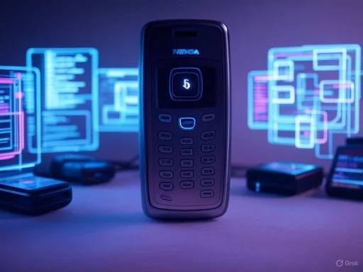 A vintage Nokia mobile phone surrounded by colorful digital hologram-like graphics.