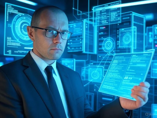 A serious man in a suit and glasses holds a transparent tablet with digital data, surrounded by futuristic holographic interfaces.