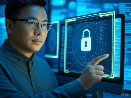 A man wearing glasses interacts with a digital screen displaying a padlock icon, symbolizing cybersecurity or data protection.