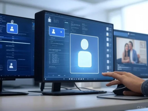 A person manages digital ID profiles on multiple computer screens in a high-tech environment.