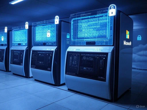 Rows of high-tech servers or data centers with illuminated screens and security icons in a futuristic setting. Rows of high-tech servers or data centers with illuminated screens and security icons in a futuristic setting.