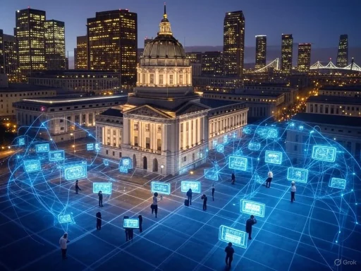 A cityscape at dusk with a historic building, highlighted by a digital network connecting people and screens.