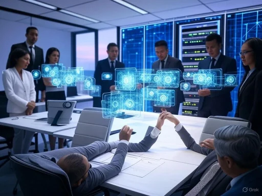 Business meeting in a high-tech conference room with holographic digital interfaces and multiple professionals.