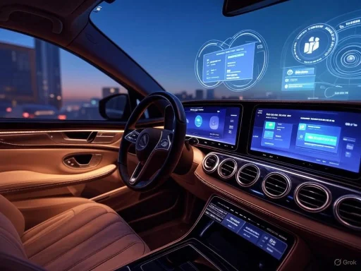 Futuristic car interior with holographic displays and advanced digital control panels during dusk.
