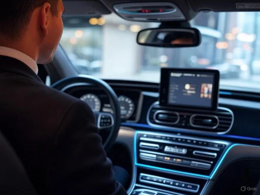 A man in a suit drives a luxury car with illuminated interior controls and a digital dashboard display.