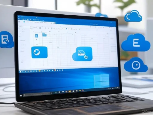 A computer screen displays a spreadsheet with cloud storage app icons and floating cloud images nearby.