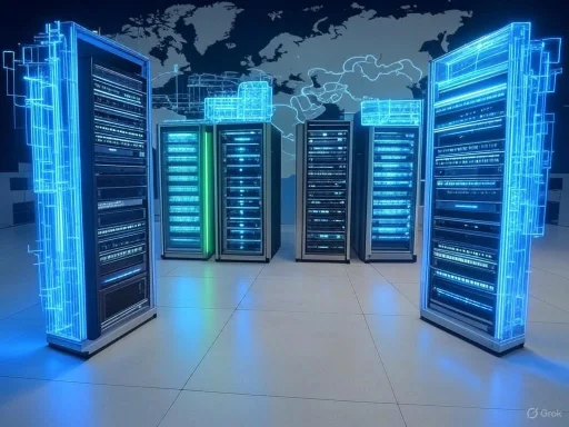Futuristic server racks illuminated with blue holographic-like lines in a high-tech data center.