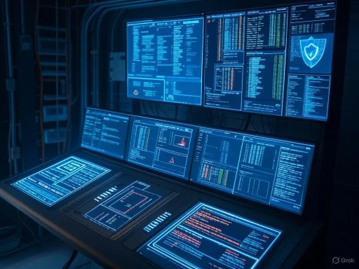 A high-tech command center with multiple illuminated screens displaying code, security alerts, and system data.