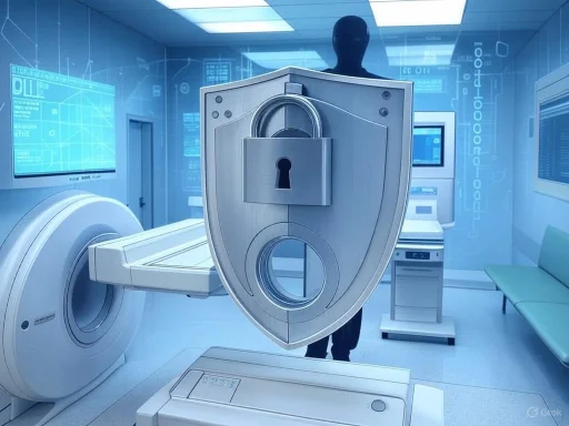 A shield and padlock image overlayed on a medical imaging room, symbolizing cybersecurity in healthcare.