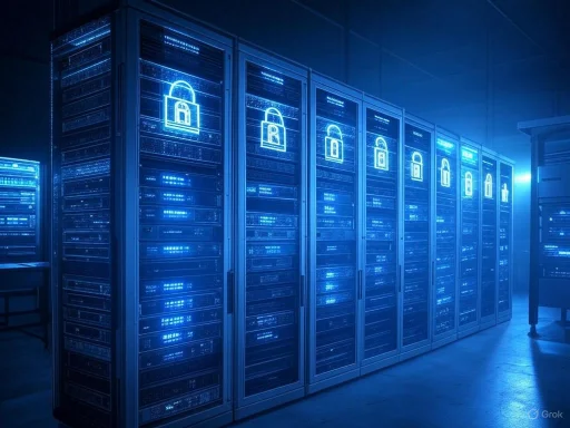 Server racks in a data center with lock icons, symbolizing data security and protection.