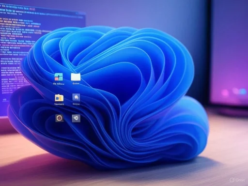 A 3D abstract blue sculpture on a computer desktop, with icons and a code window in the background.