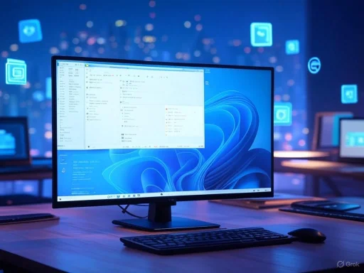 A computer workstation in a dark room illuminated by digital icons and a bright desktop screen.