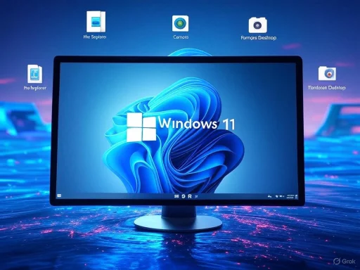 A computer monitor displaying the Windows 11 desktop against a futuristic digital background.