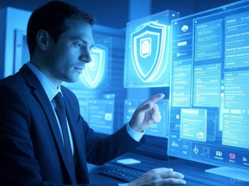 A businessman interacts with digital security screens in a high-tech monitoring room.