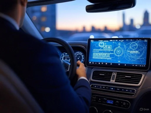 A person in a suit driving a modern car with a digital dashboard and futuristic display on the center screen. A person in a suit driving a modern car with a digital dashboard and futuristic display on the center screen.