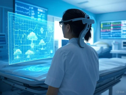 A medical professional interacts with holographic health data and brain activity visuals in a high-tech hospital setting.