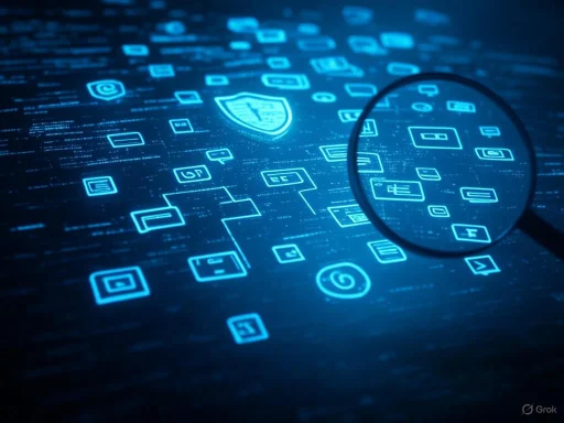 Digital security concept with icons and a shield, viewed through a magnifying glass on a dark background.