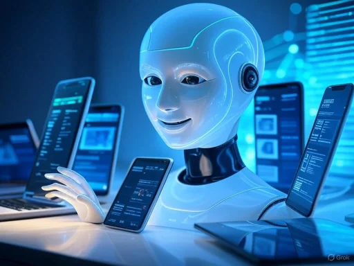 A friendly robot with a human-like face interacts with multiple smartphones in a futuristic tech setting.