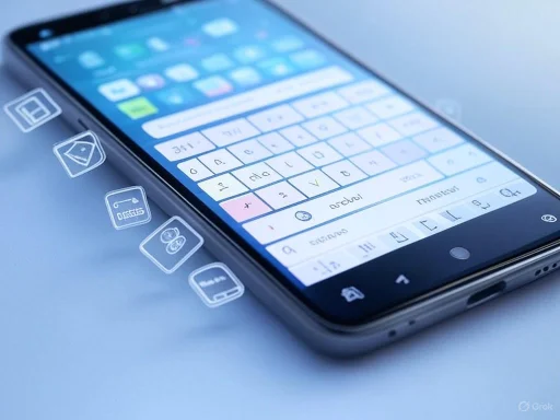 A smartphone with a virtual keyboard in a foreign language and app icons floating nearby.