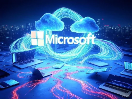 Microsoft cloud computing concept with laptops connected by glowing cables, clouds, and the Microsoft logo.